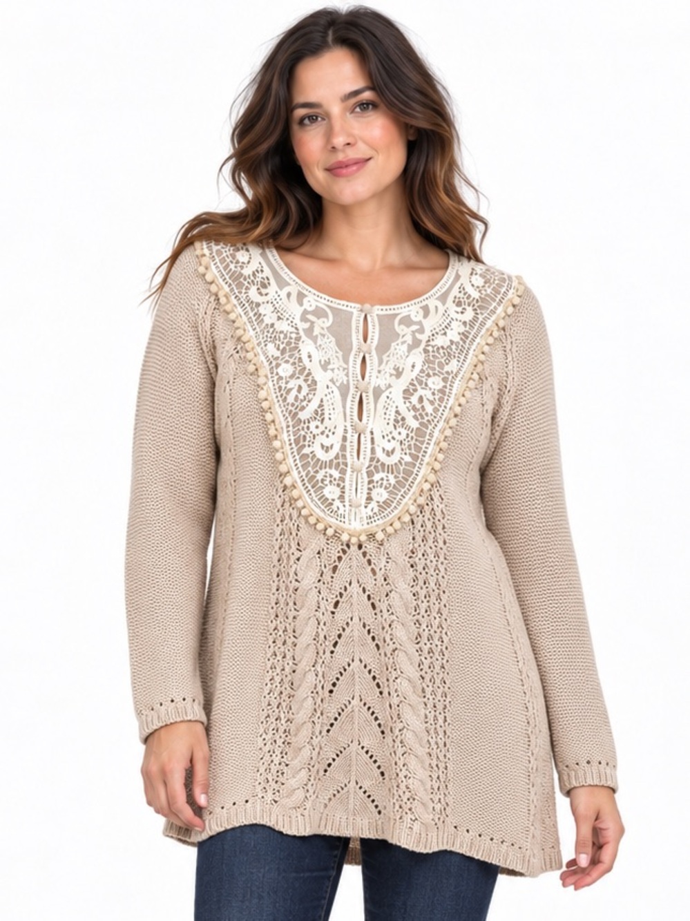 Anthropologie Angel of the North Lace Bib Cable Knit Tunic Sweater XL